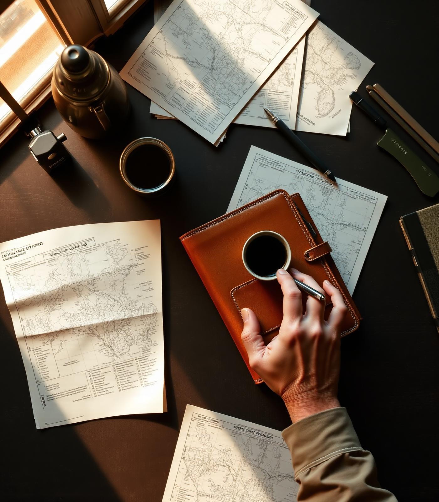 Strategy journal, maps and coffee on dark desk